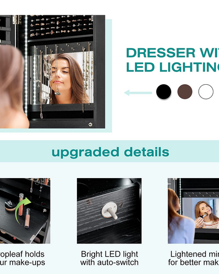 CHARMAID LED Strip Jewelry Armoire with 47.2" H Full Length Mirror