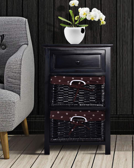 Giantex Wooden Nightstand 3 Tiers W/ 2 Baskets and 1 Drawer Bedside Sofa Storage Organizer