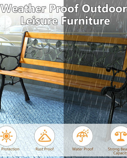 Giantex 50" Patio Park Garden Bench, Outdoor Furniture Rose Cast Iron Hardwood Frame Porch Loveseat for 2 Person Outdoor Clearance