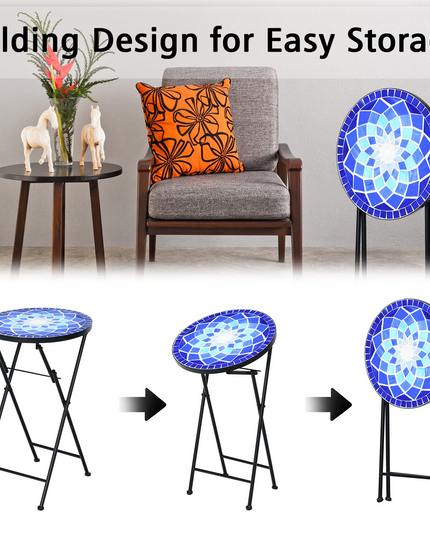 Giantex Folding Mosaic Patio Table, 14'' Outdoor Side Table Round Accent Table Plant Stand with Ceramic Tile Top