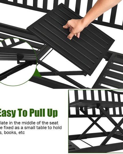 Giantex Patio Bench w/ Pullout Middle Table, Outdoor Benches2-3 Person, Metal Benches for Outside (Black)