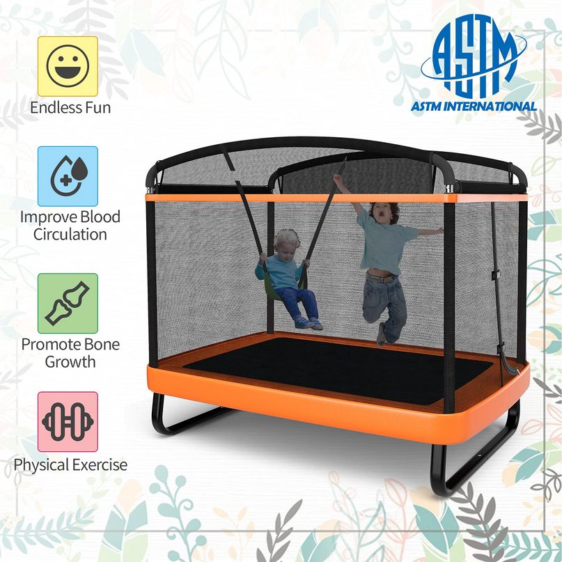 Giantex 6 Ft Kids Trampoline with Swing, Baby Toddler Rectangle Trampoline, Max Load 220lbs (Blue/Orange) - Giantexus