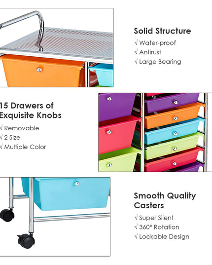 15-Drawer Organizer Cart Office School Rolling Storage Cart - Giantex
