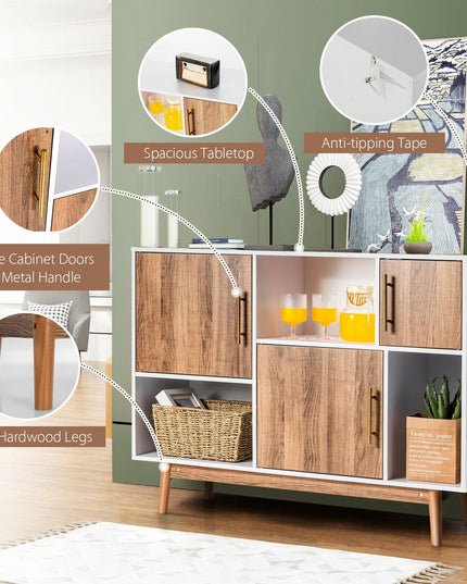 Sideboard Storage Cabinet W/Storage Compartments, Doors and Wood Legs