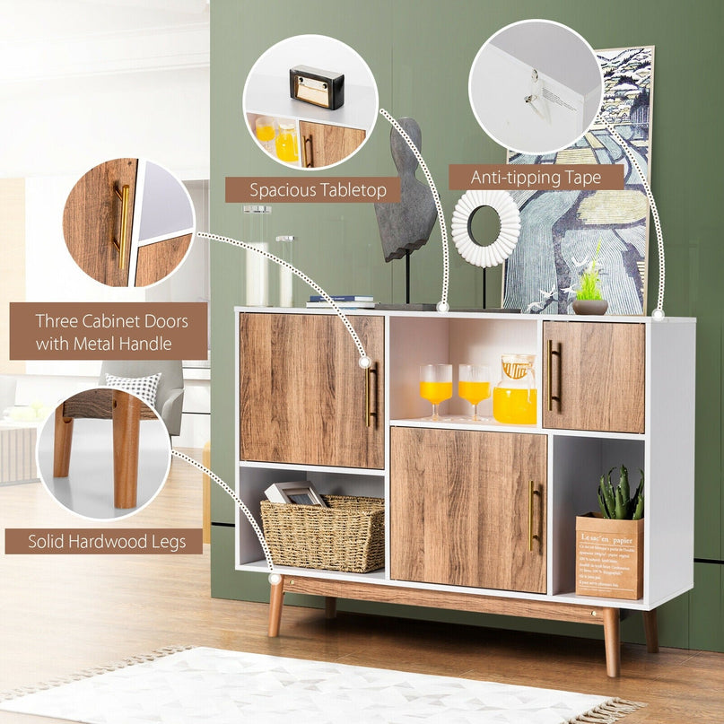 Sideboard Storage Cabinet W/Storage Compartments, Doors and Wood Legs