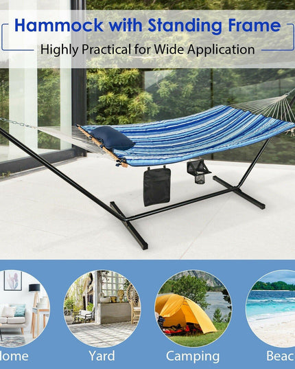 12Ft Hammock with Stand, 2 Person Heavy-Duty Steel Hammock Stand, 450 lbs Capacity (Blue and Beige Striped) - Giantexus