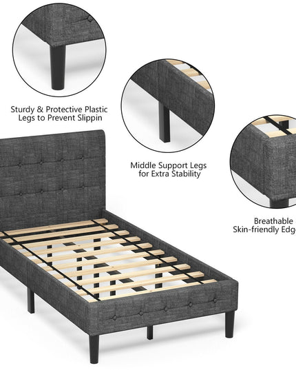 Platform Bed with Button Tufted Headboard | Upholstered Bed Frame