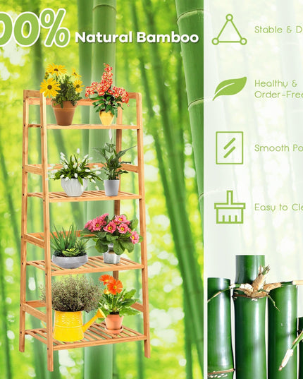 4-Tier Ladder Shelf Plant Stand, Bamboo Flower Pots Holder Display Rack - Giantexus