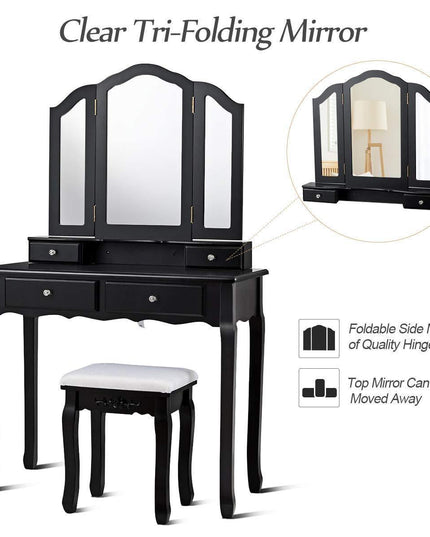 Vanity Set with Tri-Folding Mirror and 4 Drawers Makeup Dressing Table - Giantexus