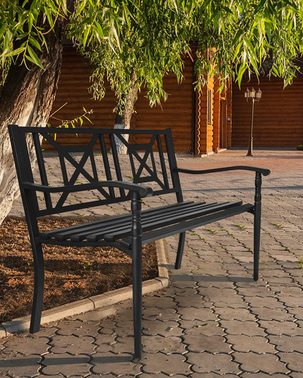 Giantex Elegant Loveseat w/Decorative Backrest & Ergonomic Armrest for Outdoor Garden, Backyard, Lawn, Porch, Path (Black)