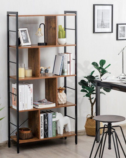 4-Tier Bookshelf, Industrial Style Bookcase with Metal Frame (Rustic Brown) - Giantexus
