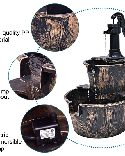 Giantex 2-Tier Rustic Barrel Waterfall Fountain with Pump