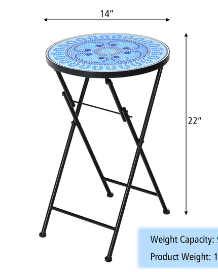 Giantex Folding Mosaic Patio Table, 14'' Outdoor Side Table Round Accent Table Plant Stand with Ceramic Tile Top
