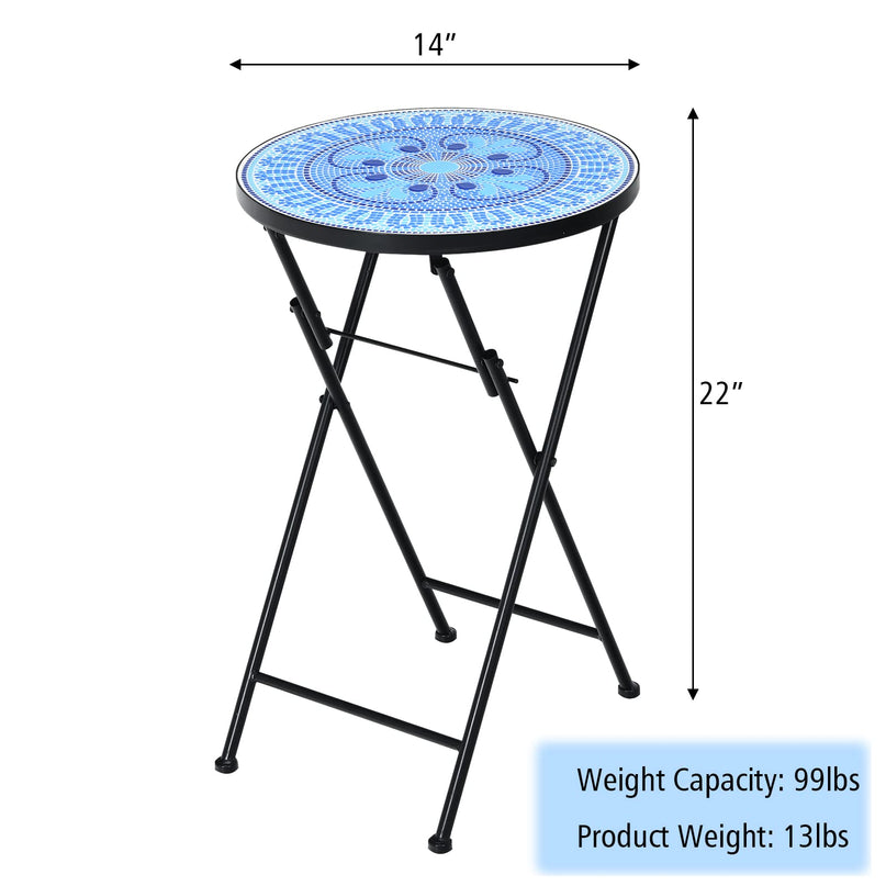 Giantex Folding Mosaic Patio Table, 14'' Outdoor Side Table Round Accent Table Plant Stand with Ceramic Tile Top