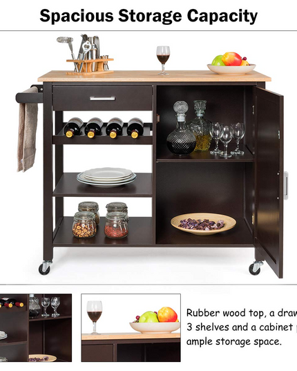 Giantex Kitchen Island Cart Rolling Serving Cart Wood Trolley, Brown