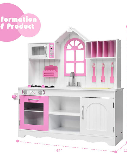 Giantex Wood Play Kitchen, Pink Kids Kitchen Playset for Toddlers