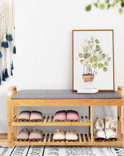 Giantex Shoe Rack Bench, Entryway 3-Tier Bamboo Shoe Organizer with Cushion (Natural and Grey)