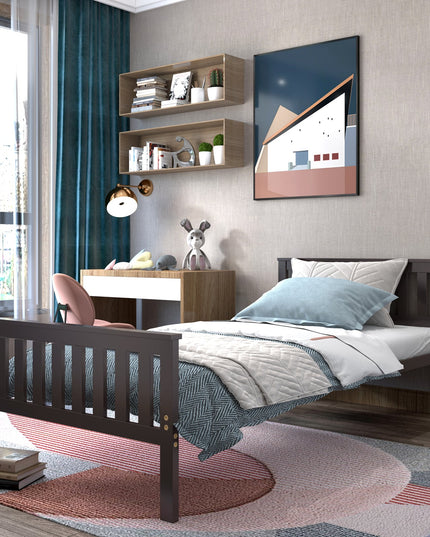 Easy Assembly Twin Size Wood Platform Bed with Headboard