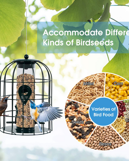 Giantex Metal Hanging Bird Feeder, Outdoor Squirrel-Proof Bird Feeder Cage with 4 Feeding Ports, Transparent PC Tube