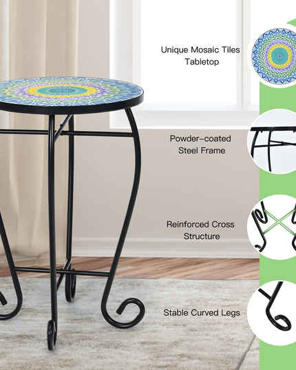 Giantex Folding Mosaic Patio Table, 14'' Outdoor Side Table Round Accent Table Plant Stand with Ceramic Tile Top