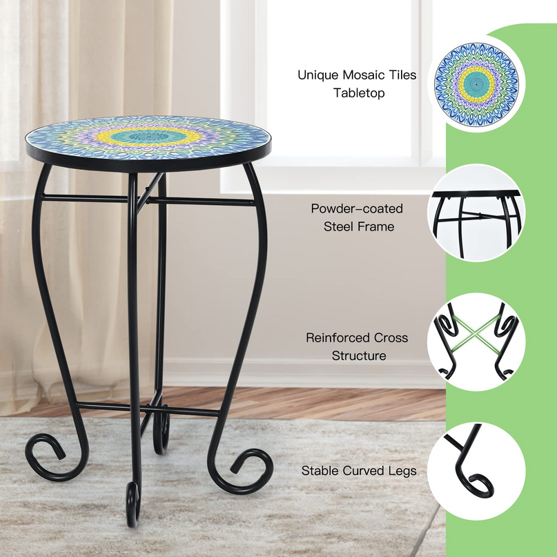 Giantex Folding Mosaic Patio Table, 14'' Outdoor Side Table Round Accent Table Plant Stand with Ceramic Tile Top