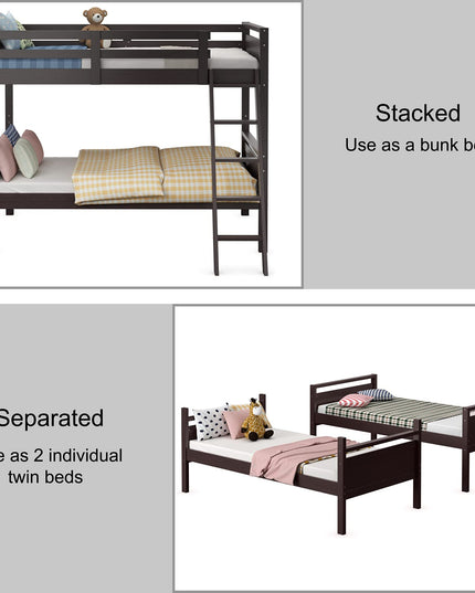 Giantex Twin Over Twin Bunk Bed, Solid Wood Twin Bunk Bed Convertible Into Two Individual Beds