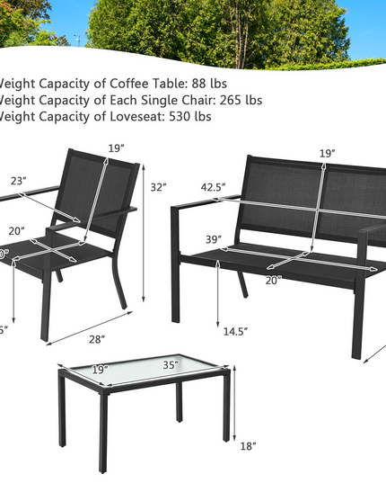 Giantex 4 Pieces Patio Furniture Set, Outdoor Conversation Set, Loveseat Bench with 2 Patio Chairs & Tempered Glass Coffee Table
