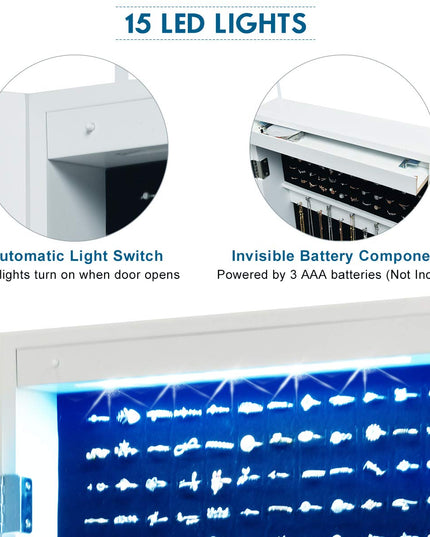 Wall Door Mount Jewelry Armoire Cabinet with 15 LED Lights - Giantex