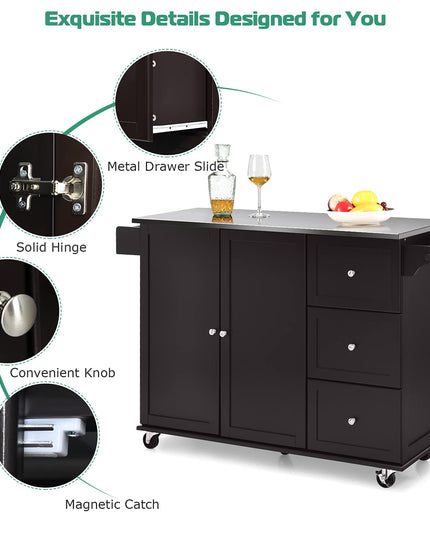 Giantex Kitchen Island with Stainless Steel Countertop, Dark Brown