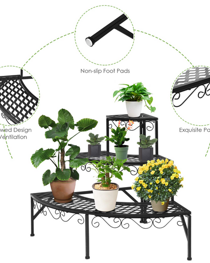 Giantex Étagère d'angle pour plantes, support métallique à 3 niveaux pour fleurs, étagère d'angle en forme d'échelle pour plantes en pot.