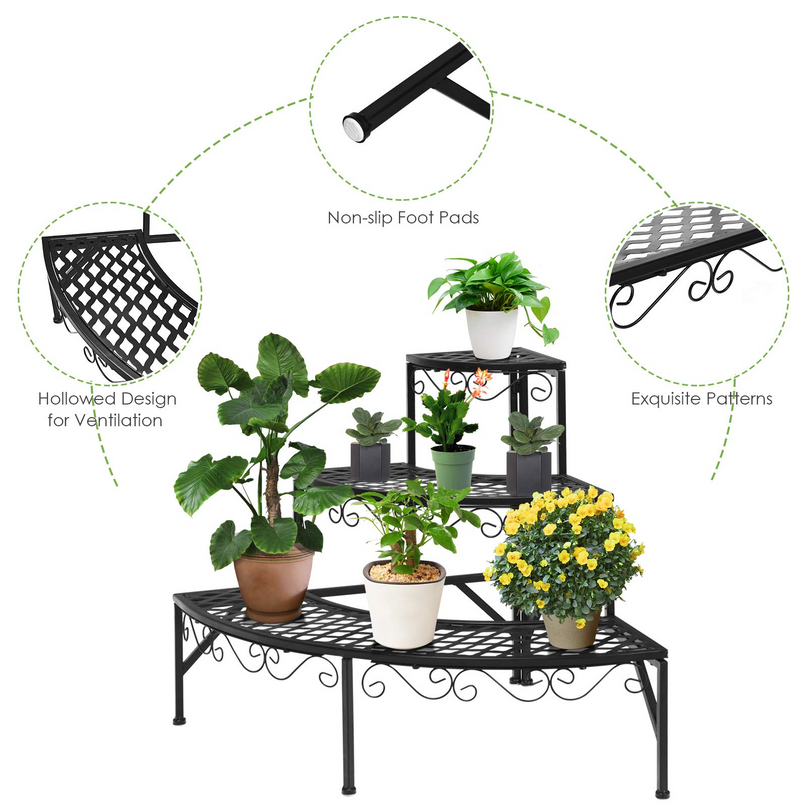 Giantex Étagère d'angle pour plantes, support métallique à 3 niveaux pour fleurs, étagère d'angle en forme d'échelle pour plantes en pot.