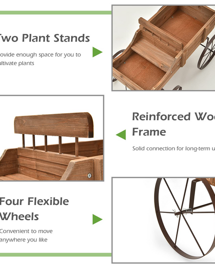 Giantex Decorative Garden Planter, Small Wagon Cart with Metal Wheels, Wood Raised Beds Plant Pot Stand for Backyard Garden Patio 24.5"x13.5"x24"