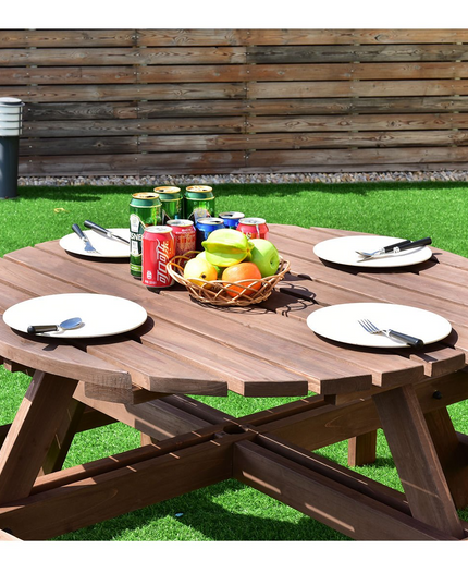 Giantex Wooden Picnic Table Set with Wood Bench, 4 Adults or 8 Kids Outdoor Round Table with Umbrella Hold Design