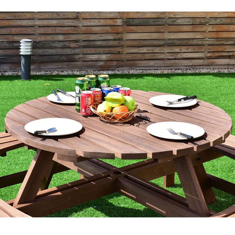 Giantex Wooden Picnic Table Set with Wood Bench, 4 Adults or 8 Kids Outdoor Round Table with Umbrella Hold Design