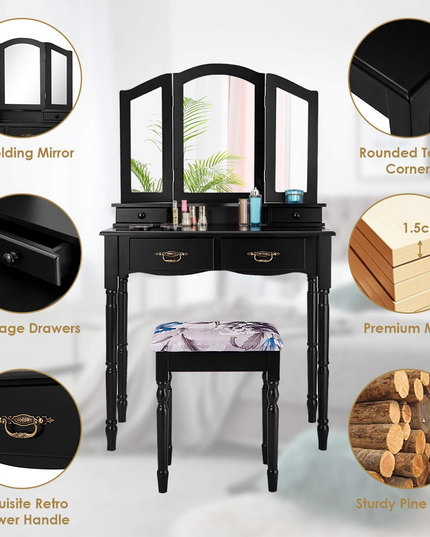 Giantex Modern Bedroom Bathroom Makeup Vanity Desk with Cushioned Stool for Girls Women