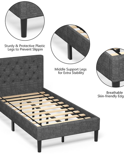 Elegant & Modern Style Upholstered Stable Bed Base with Button Stitched Headboard