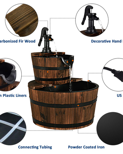 Giantex 2-Tier Barrel Waterfall Fountain with Hand Pump