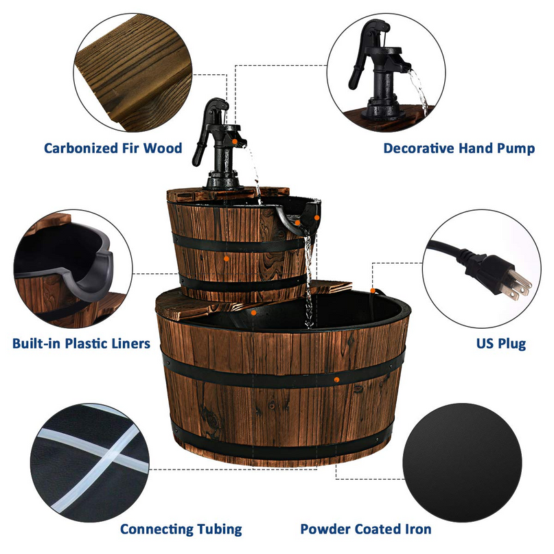 Giantex 2-Tier Barrel Waterfall Fountain with Hand Pump