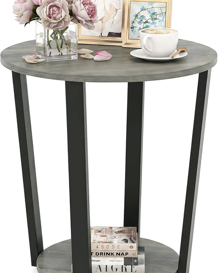 Giantex Round End Table Set of 1/2, 2-Tier Side Sofa Table with Open Storage Shelf and Metal Frame