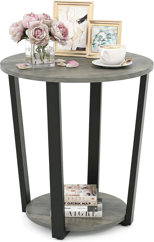 Giantex Round End Table Set of 1/2, 2-Tier Side Sofa Table with Open Storage Shelf and Metal Frame