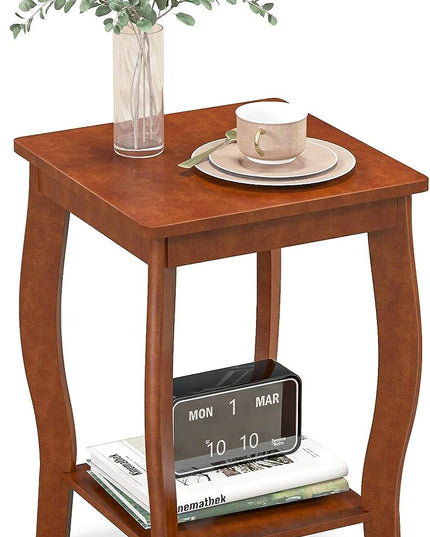 Giantex 2-Tier Round End Table, Narrow Tiered Telephone Table with Storage Shelf, Solid Wood Legs