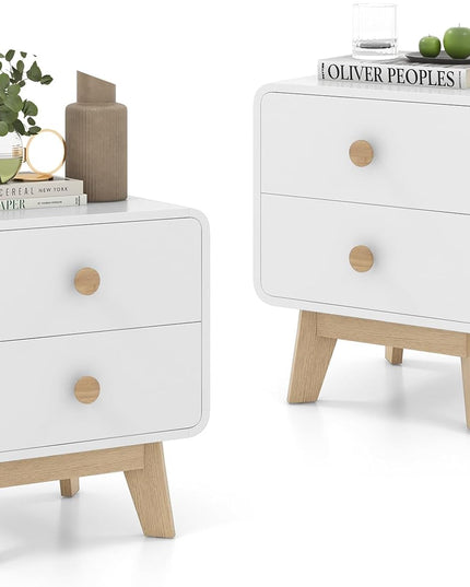 Giantex Night Stand with 2 Drawers, Mid Century Modern Bedside Table with Cute Round Knobs