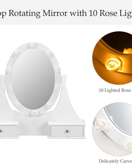 Vanity Set with Lighted Mirror, Makeup Table with 10 Rose Light - Giantexus