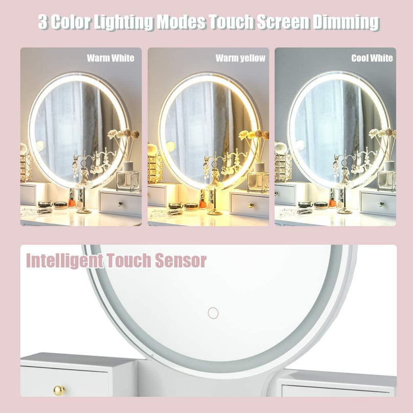 Vanity Set with Touch Screen Dimming Mirror, 3 Color Lighting Modes - Giantexus