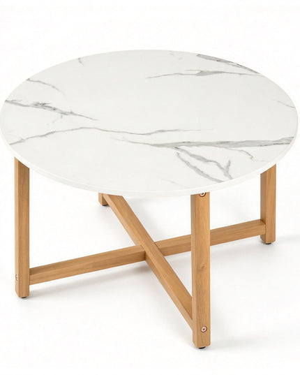 GIANTEX 24 Inch Round Coffee Table with Faux Marble Tabletop