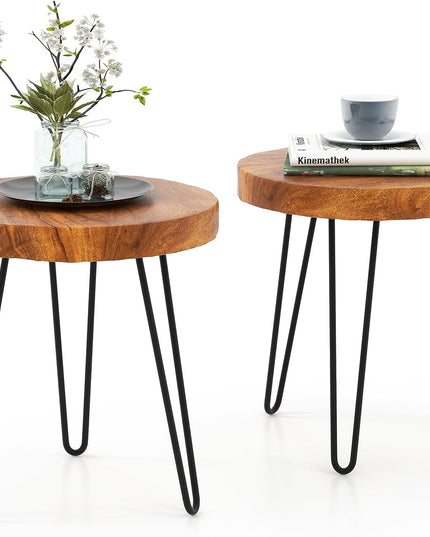 Giantex Teak Wood End Table, Solid Live Edge Outdoor Side Table w/Natural Grain & Heavy-Duty Metal Legs