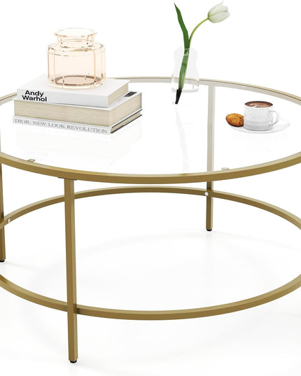 Giantex 35.5”D Round Coffee Table - Modern Coffee Table with Tempered Glass Tabletop