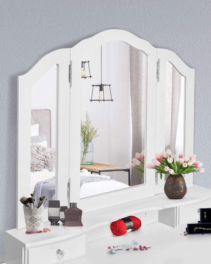 Vanity Set with Tri-Folding Mirror and 4 Drawers Makeup Dressing Table - Giantexus