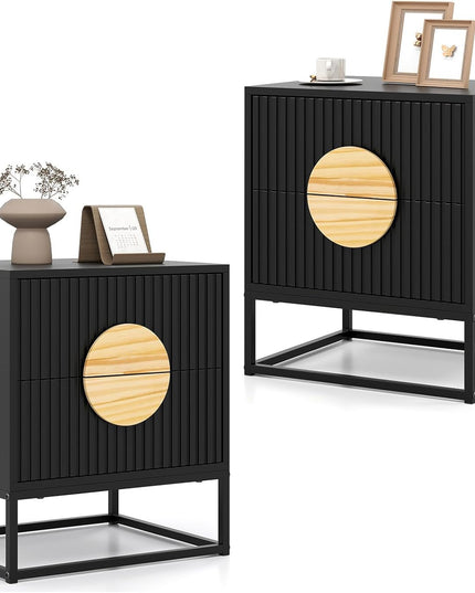 Giantex Fluted Nightstand with 2 Drawers Natural Circle Handle & Metal Frame