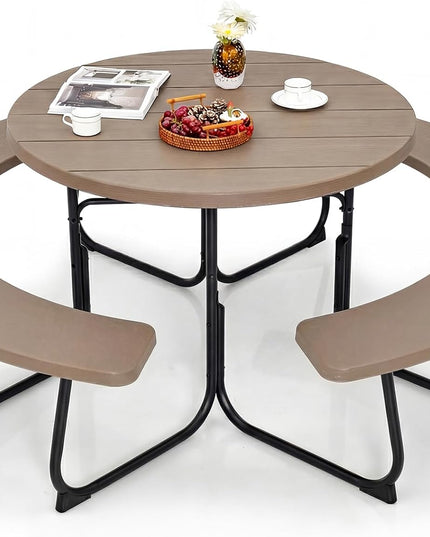 Ensemble table de pique-nique Giantex pour jusqu'à 8 personnes, table ronde d'extérieur et banc avec trou pour parasol